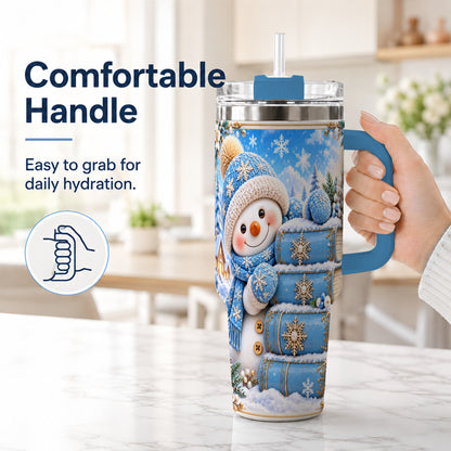 #pl[40oz|Blue] Snowman Books 40oz Tumbler with Handle, Winter Reading Travel Cup
