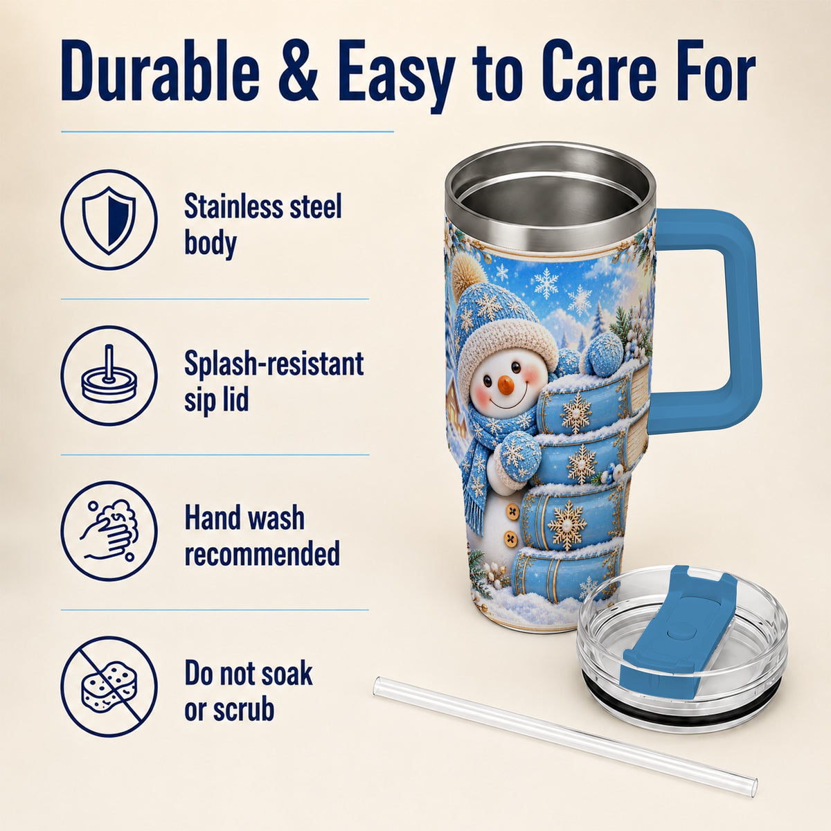 #pl[40oz|Blue] Snowman Books 40oz Tumbler with Handle, Winter Reading Travel Cup