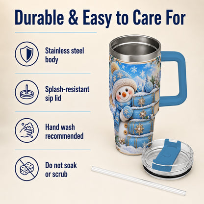 #pl[40oz|Blue] Snowman Books 40oz Tumbler with Handle, Winter Reading Travel Cup
