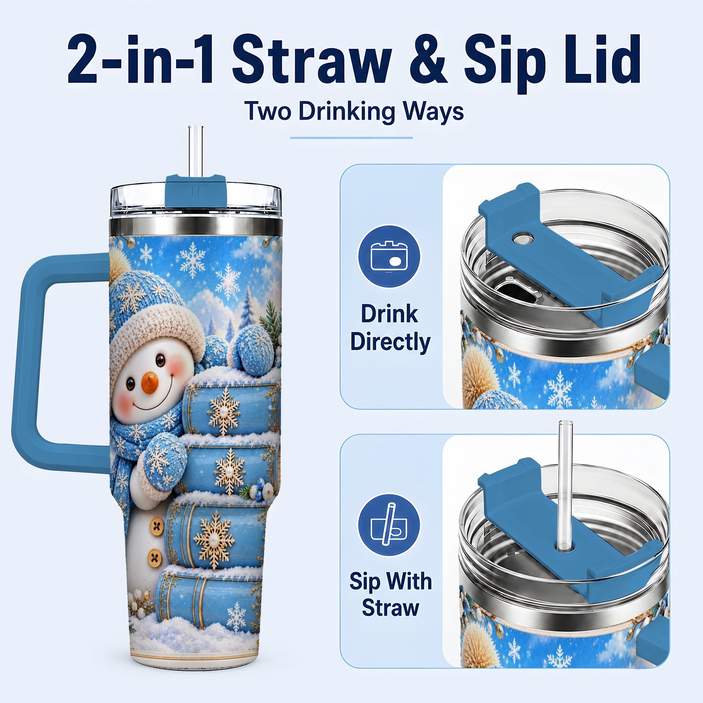 #pl[40oz|Blue] Snowman Books 40oz Tumbler with Handle, Winter Reading Travel Cup