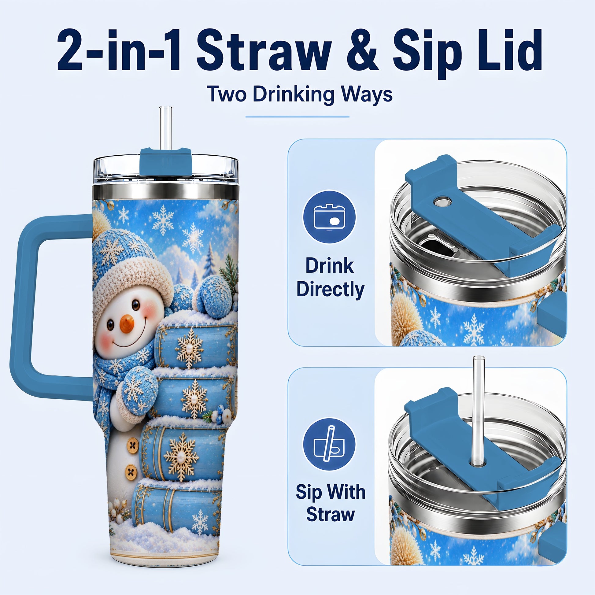 #pl[40oz|Blue] Snowman Books 40oz Tumbler with Handle, Winter Reading Travel Cup