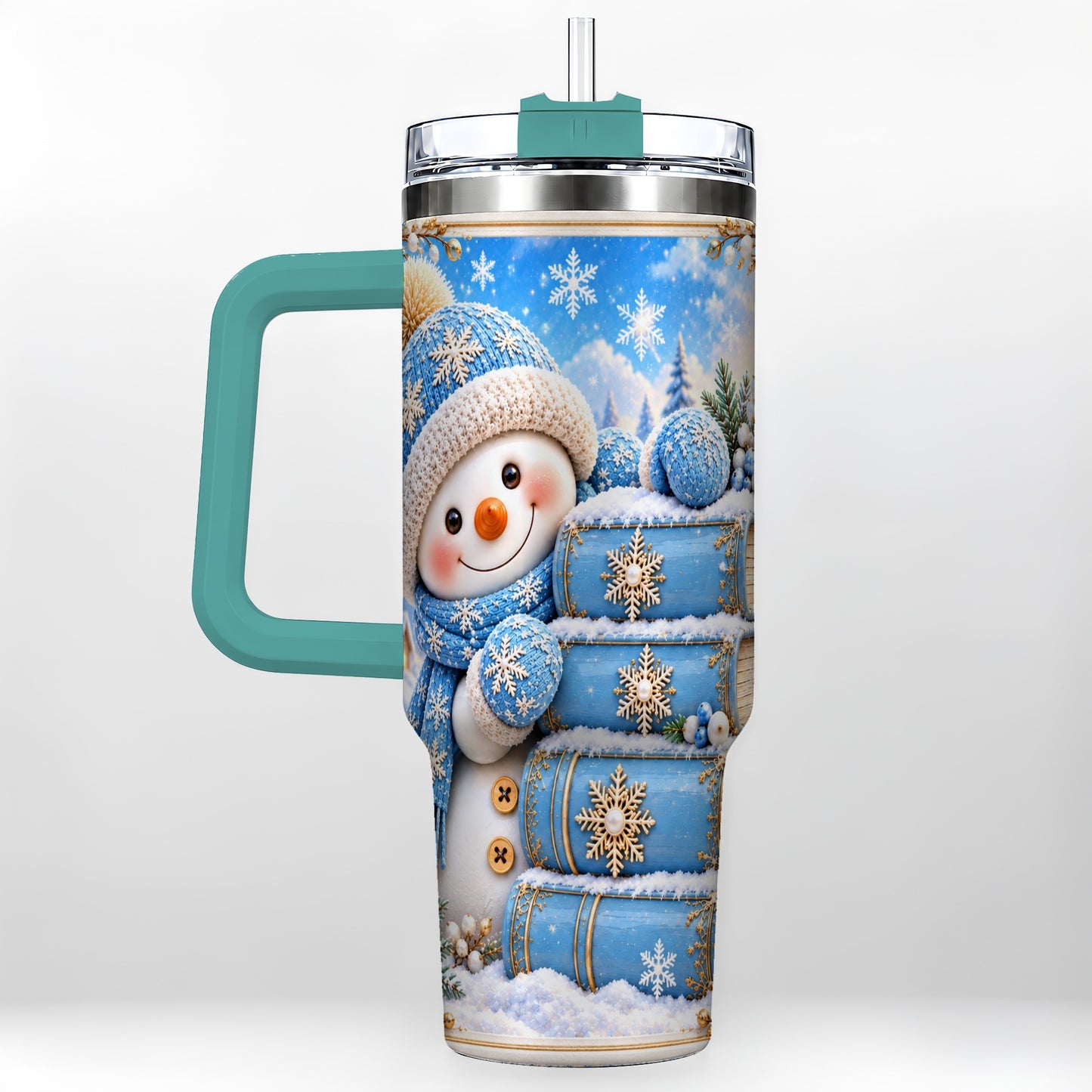 #pl[40oz|Green] Snowman Books 40oz Tumbler with Handle, Winter Reading Travel Cup