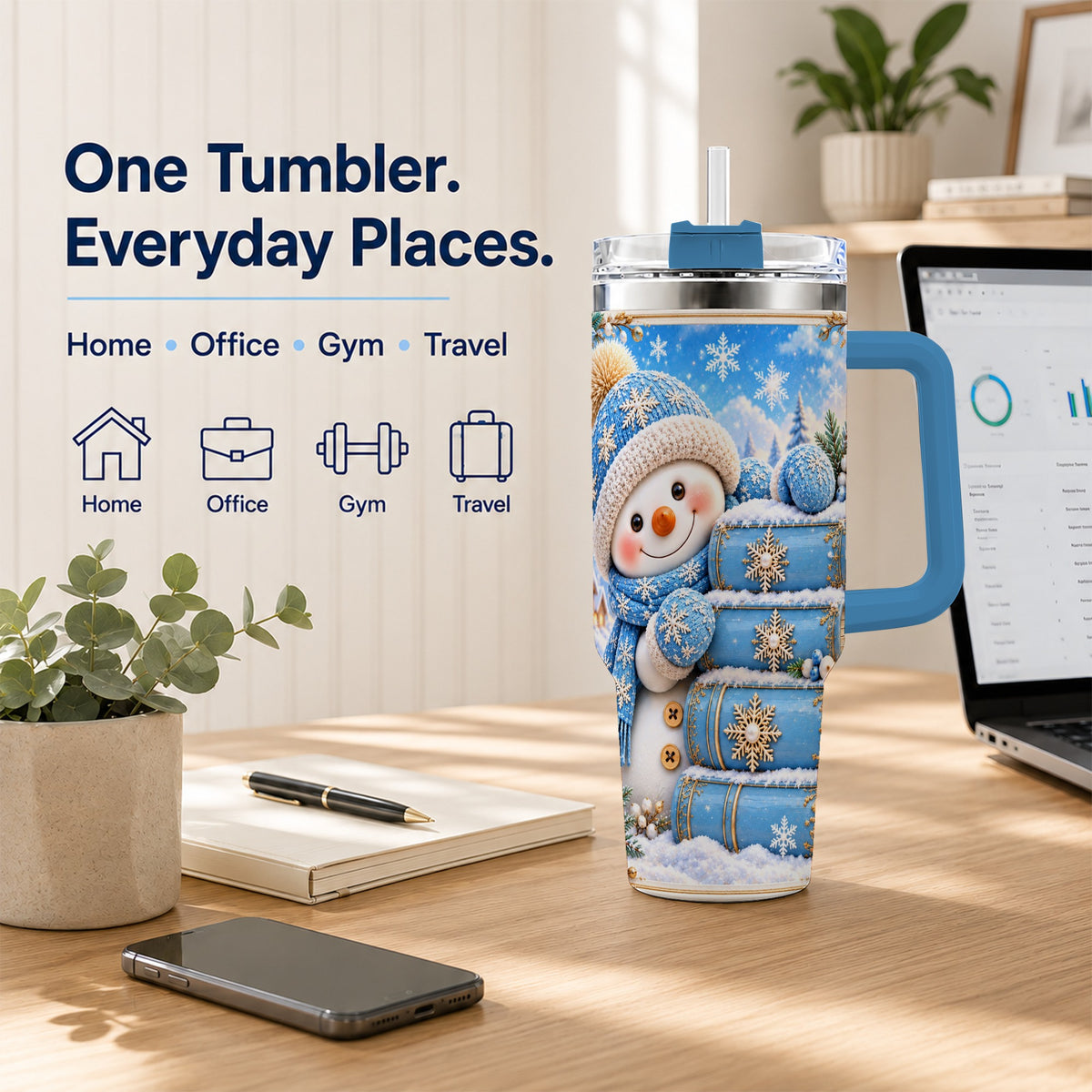 #pl[40oz|Blue] Snowman Books 40oz Tumbler with Handle, Winter Reading Travel Cup