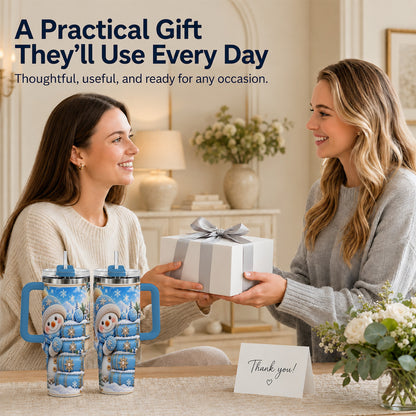 #pl[40oz|Blue] Snowman Books 40oz Tumbler with Handle, Winter Reading Travel Cup