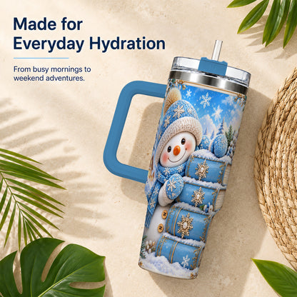#pl[40oz|Blue] Snowman Books 40oz Tumbler with Handle, Winter Reading Travel Cup