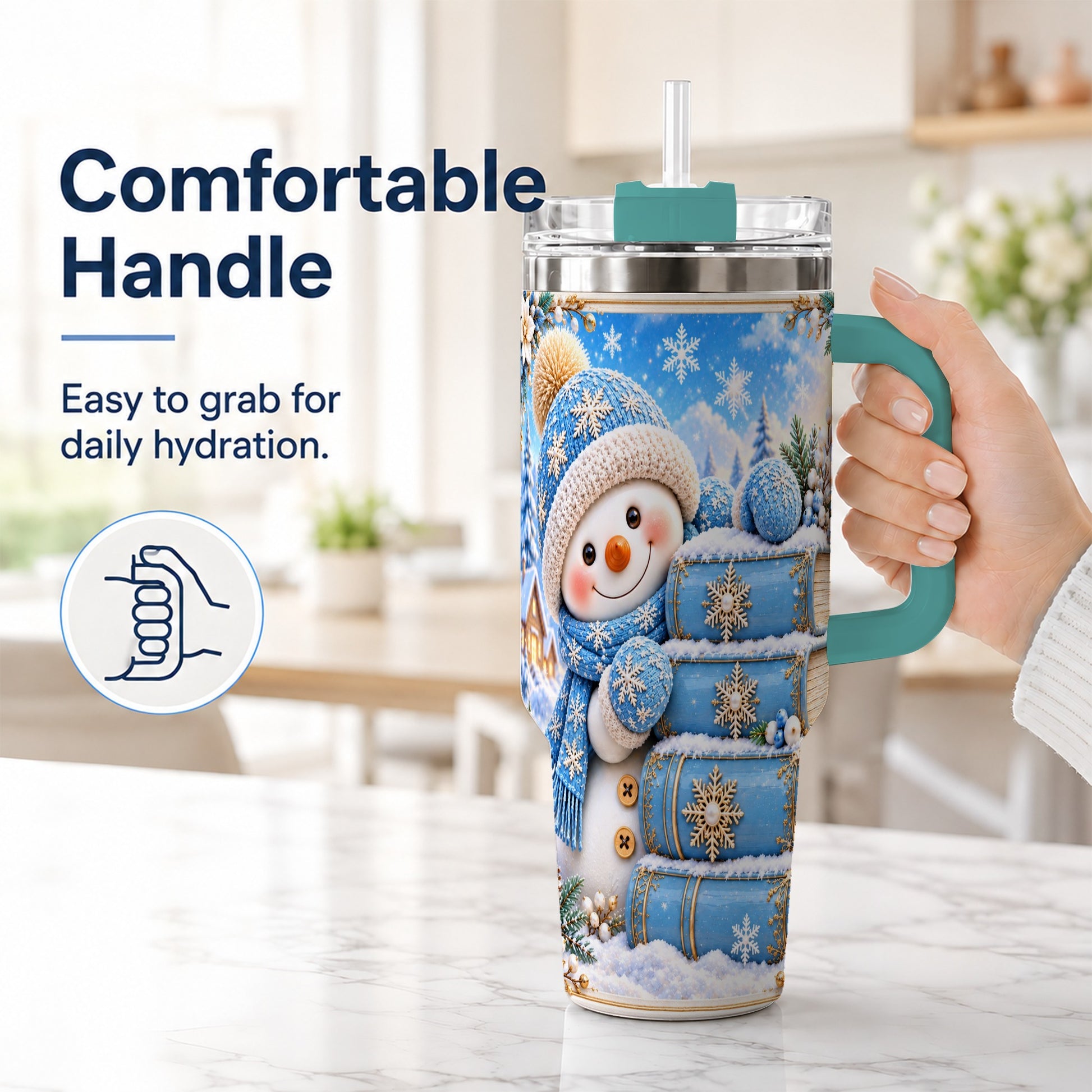 #pl[40oz|Green] Snowman Books 40oz Tumbler with Handle, Winter Reading Travel Cup