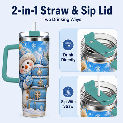 #pl[40oz|Green] Snowman Books 40oz Tumbler with Handle, Winter Reading Travel Cup