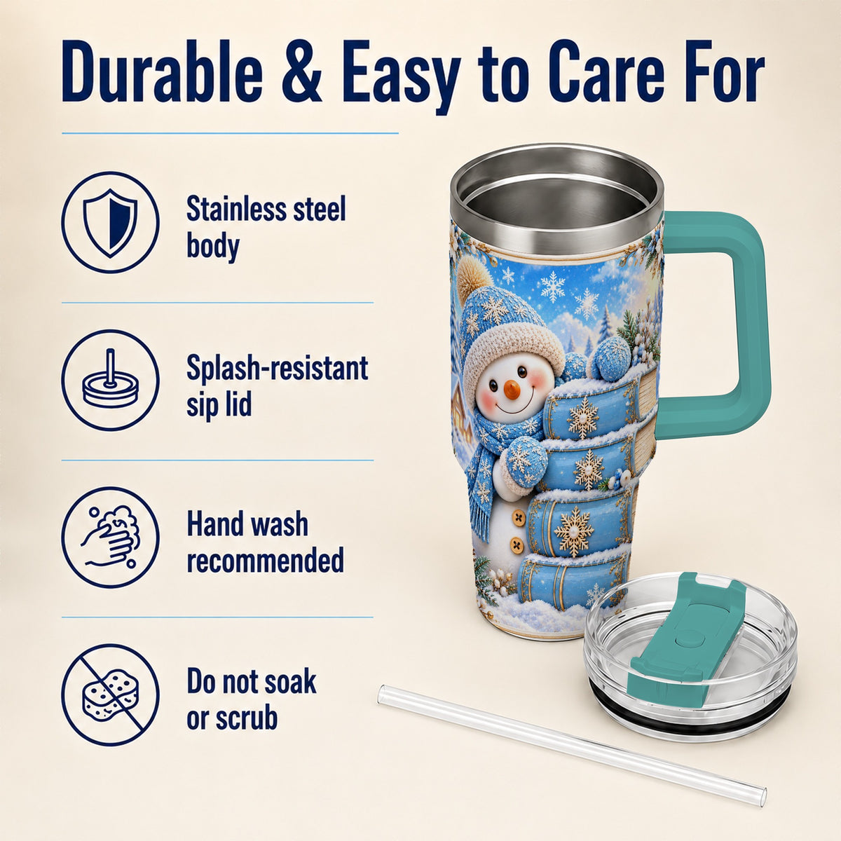 #pl[40oz|Green] Snowman Books 40oz Tumbler with Handle, Winter Reading Travel Cup