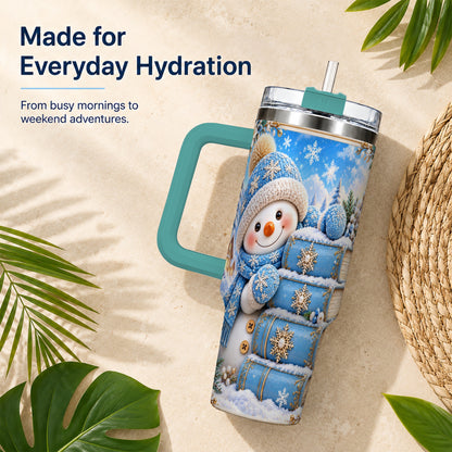 #pl[40oz|Green] Snowman Books 40oz Tumbler with Handle, Winter Reading Travel Cup