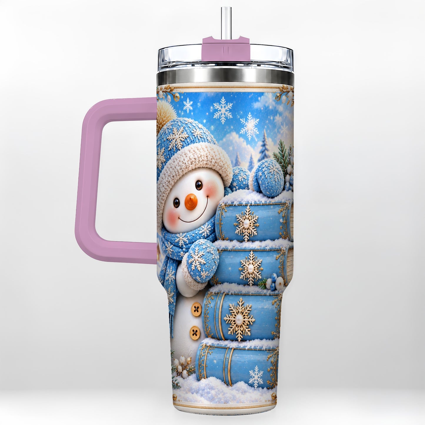 #pl[40oz|Pink] Snowman Books 40oz Tumbler with Handle, Winter Reading Travel Cup