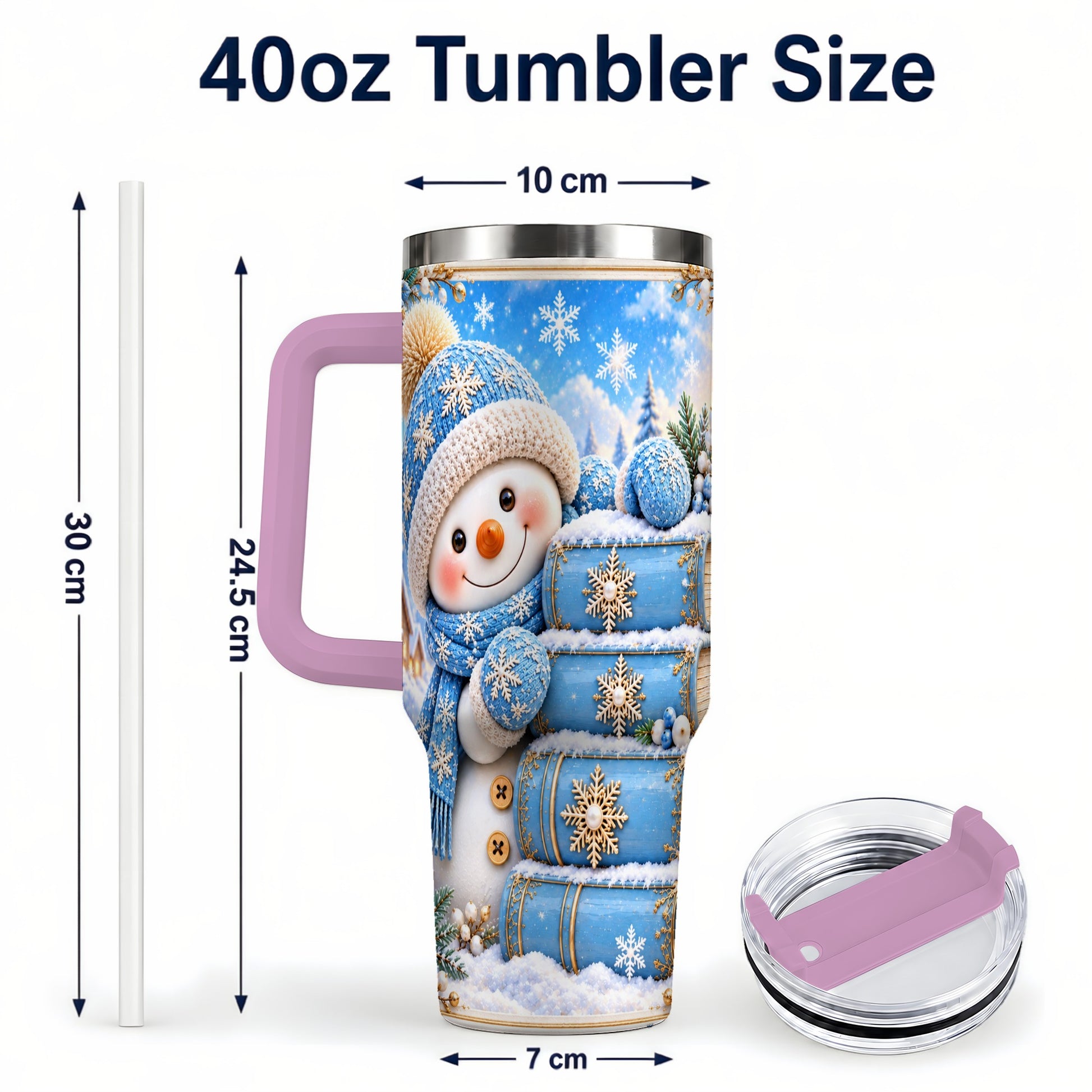 #pl[40oz|Pink] Snowman Books 40oz Tumbler with Handle, Winter Reading Travel Cup