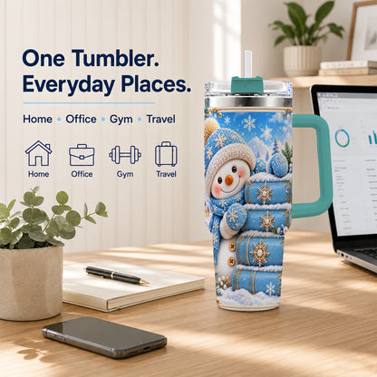 #pl[40oz|Green] Snowman Books 40oz Tumbler with Handle, Winter Reading Travel Cup