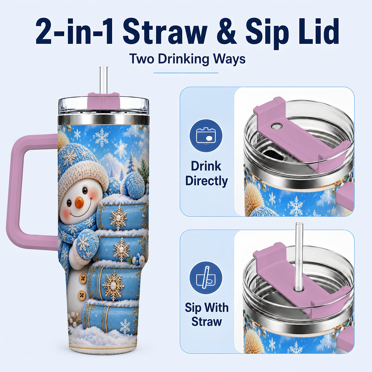 #pl[40oz|Pink] Snowman Books 40oz Tumbler with Handle, Winter Reading Travel Cup