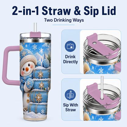 #pl[40oz|Pink] Snowman Books 40oz Tumbler with Handle, Winter Reading Travel Cup