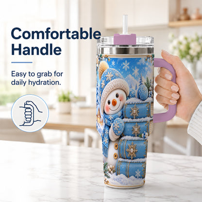 #pl[40oz|Pink] Snowman Books 40oz Tumbler with Handle, Winter Reading Travel Cup