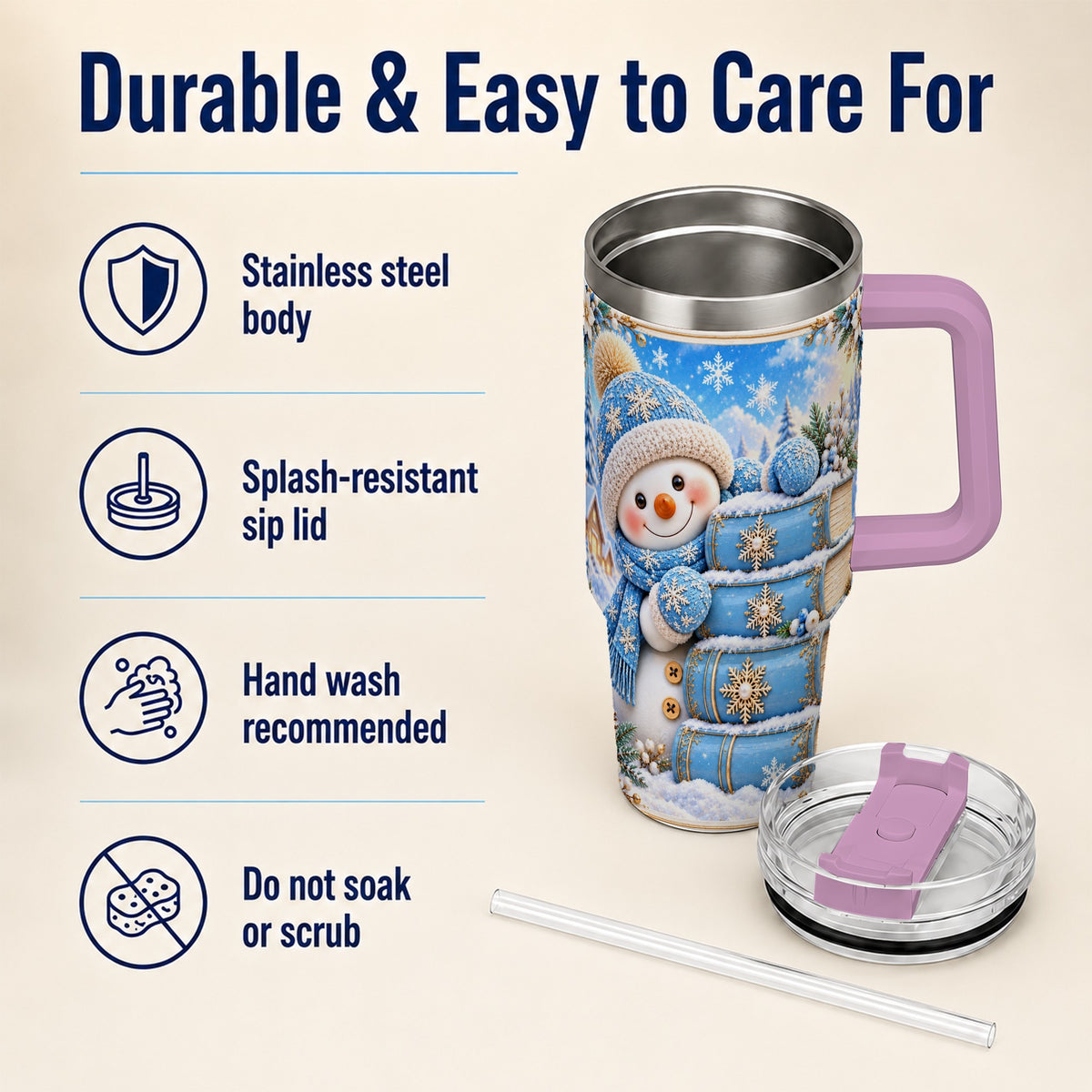 #pl[40oz|Pink] Snowman Books 40oz Tumbler with Handle, Winter Reading Travel Cup