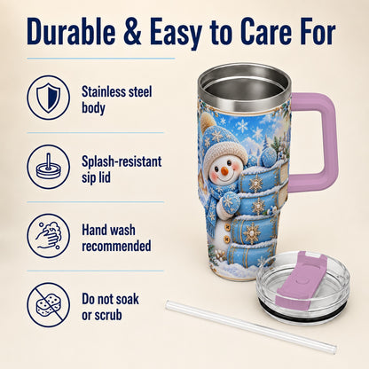 #pl[40oz|Pink] Snowman Books 40oz Tumbler with Handle, Winter Reading Travel Cup
