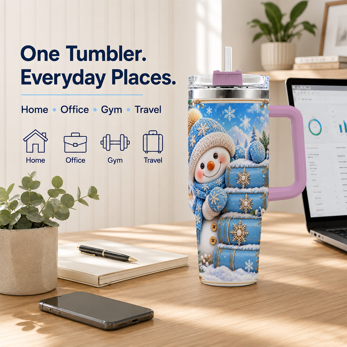 #pl[40oz|Pink] Snowman Books 40oz Tumbler with Handle, Winter Reading Travel Cup