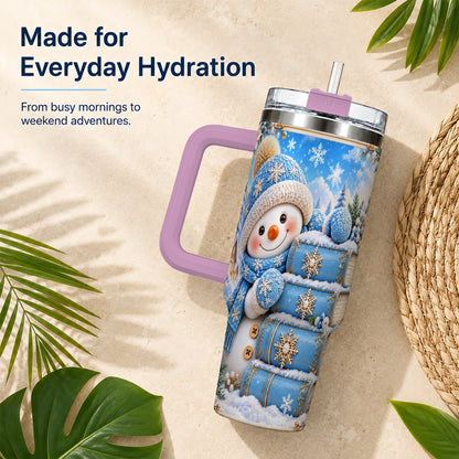 #pl[40oz|Pink] Snowman Books 40oz Tumbler with Handle, Winter Reading Travel Cup