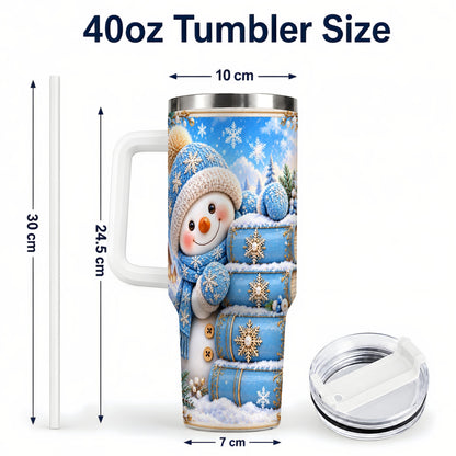 #pl[40oz|White] Snowman Books 40oz Tumbler with Handle, Winter Reading Travel Cup