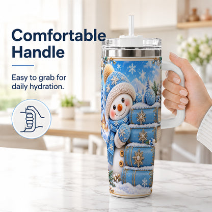 #pl[40oz|White] Snowman Books 40oz Tumbler with Handle, Winter Reading Travel Cup