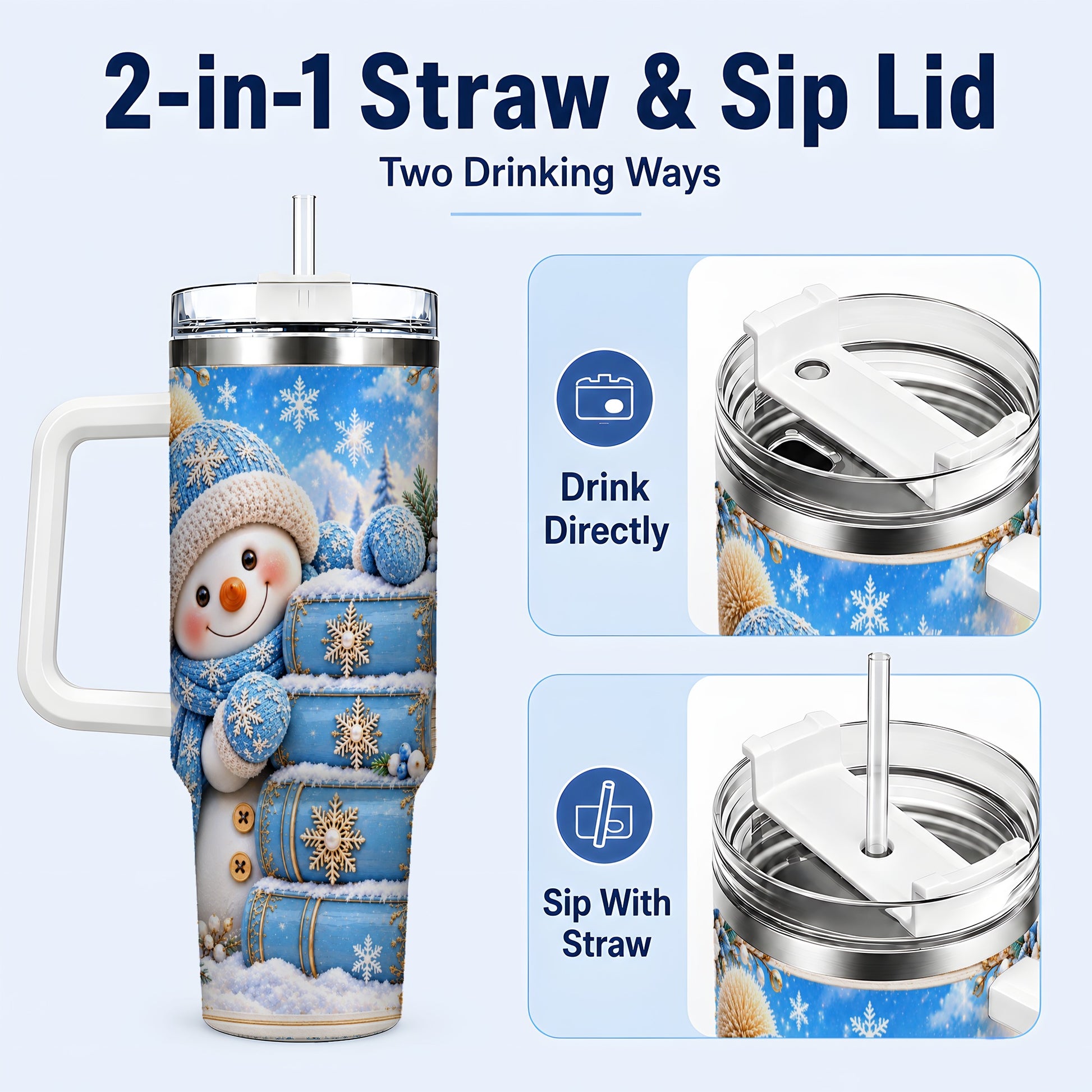 #pl[40oz|White] Snowman Books 40oz Tumbler with Handle, Winter Reading Travel Cup