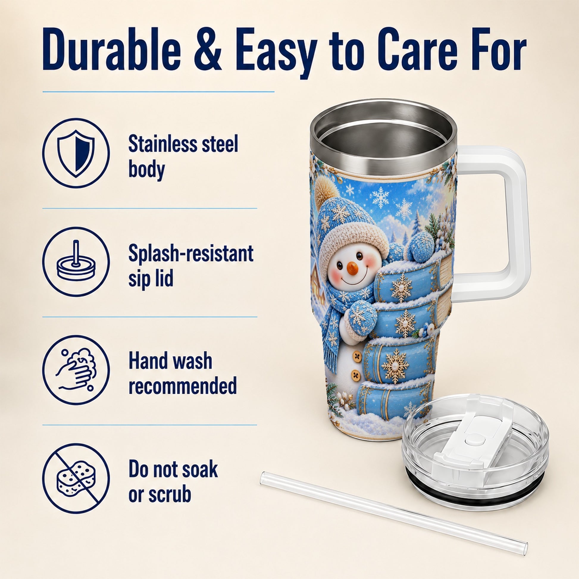 #pl[40oz|White] Snowman Books 40oz Tumbler with Handle, Winter Reading Travel Cup