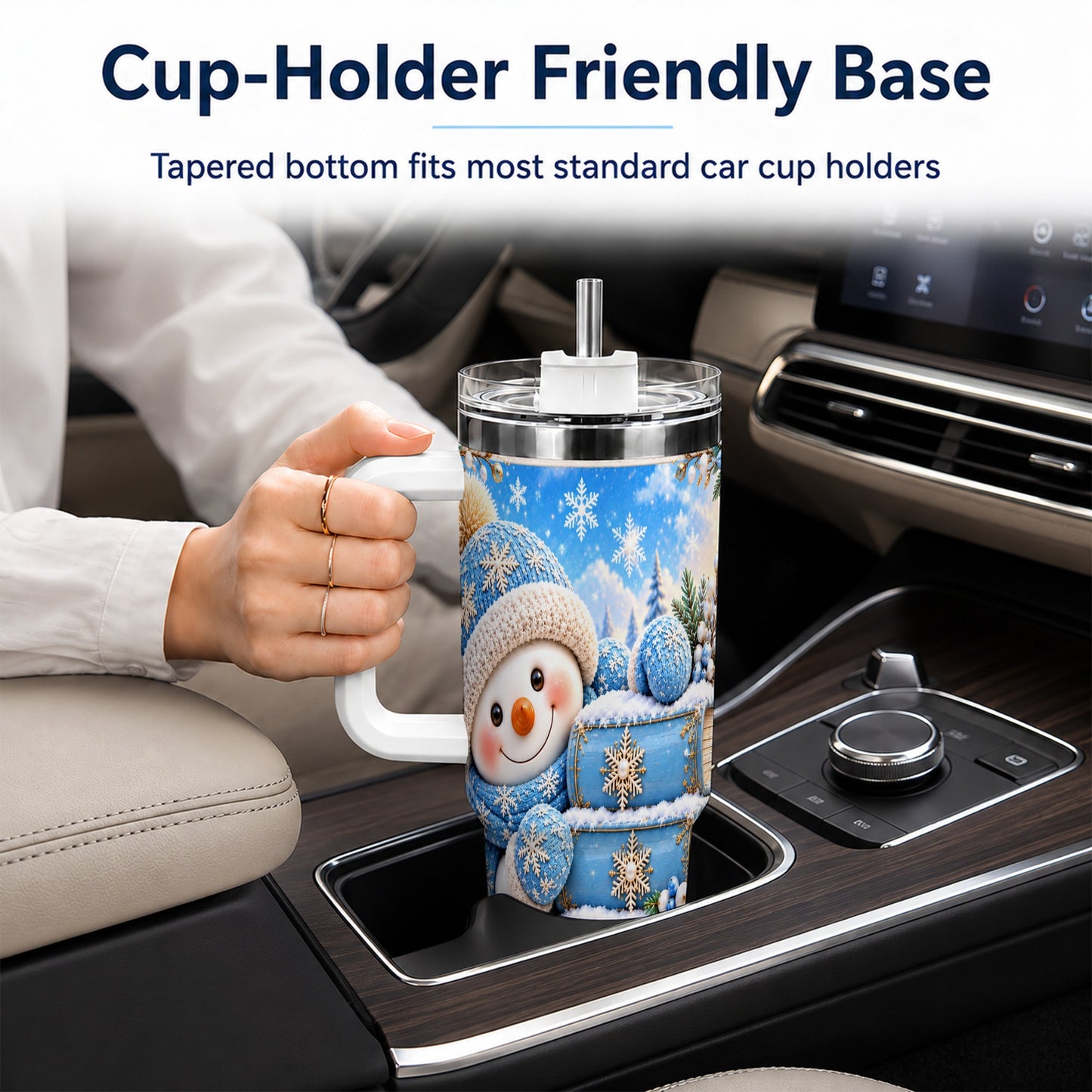 #pl[40oz|White] Snowman Books 40oz Tumbler with Handle, Winter Reading Travel Cup