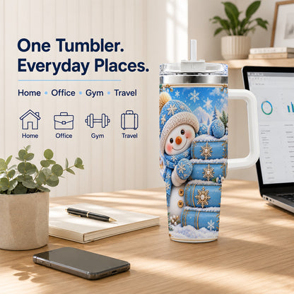 #pl[40oz|White] Snowman Books 40oz Tumbler with Handle, Winter Reading Travel Cup