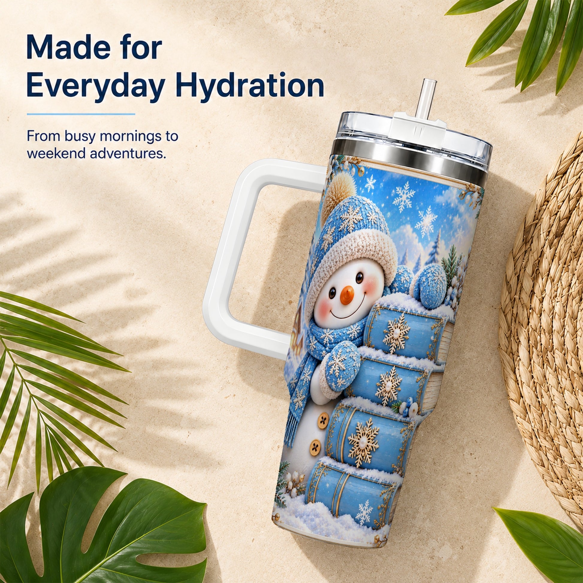 #pl[40oz|White] Snowman Books 40oz Tumbler with Handle, Winter Reading Travel Cup