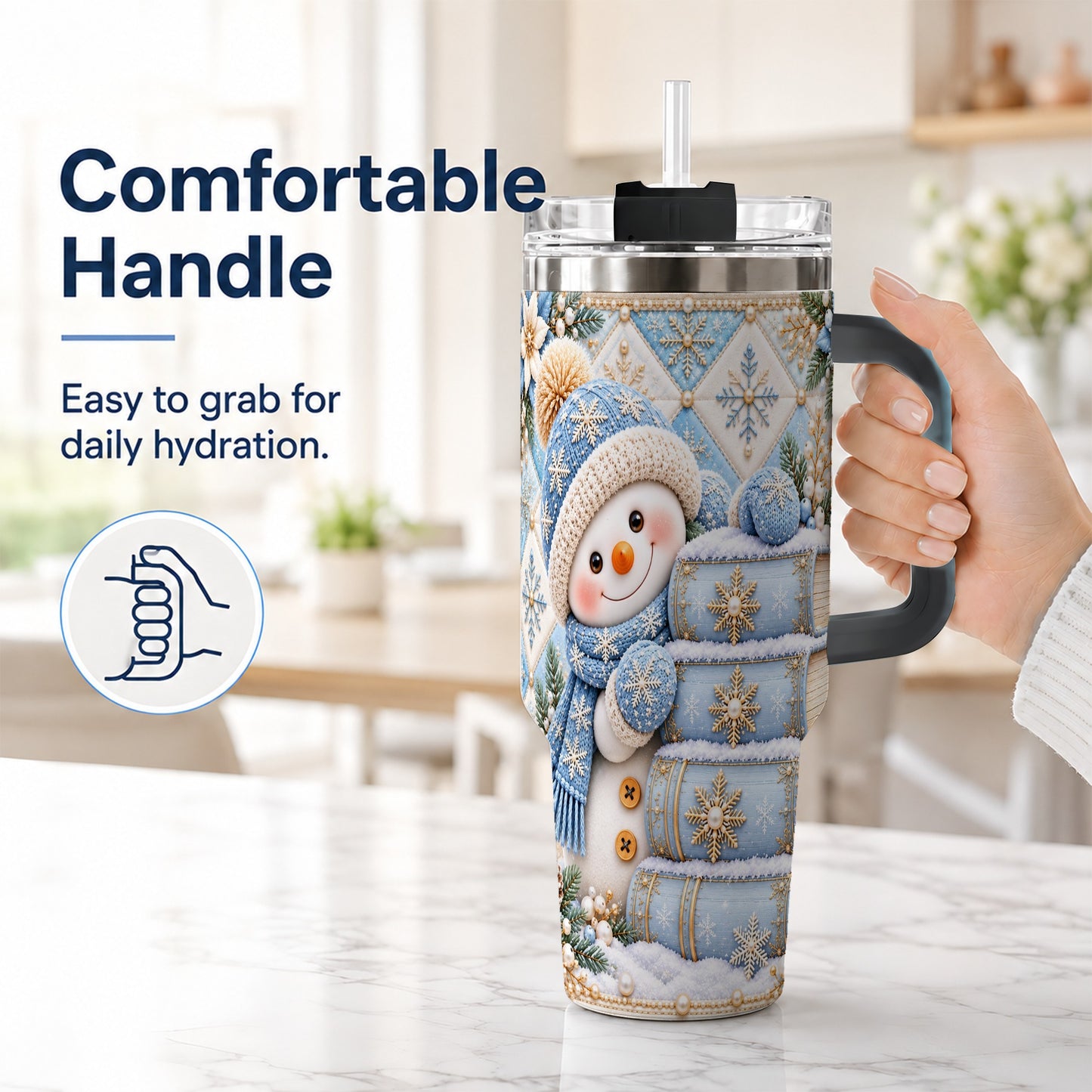 #pl[40oz|Black] Snowman Books 40oz Tumbler with Handle, Winter Reading Travel Cup