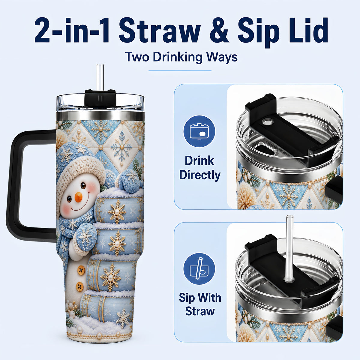 #pl[40oz|Black] Snowman Books 40oz Tumbler with Handle, Winter Reading Travel Cup
