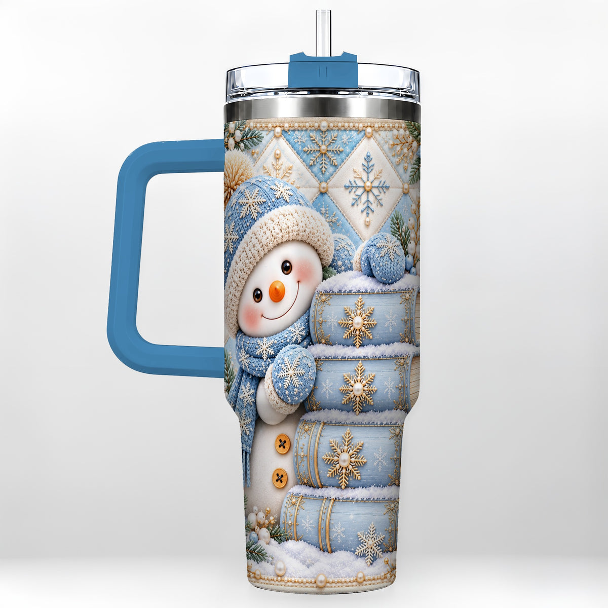 #pl[40oz|Blue] Snowman Books 40oz Tumbler with Handle, Winter Reading Travel Cup