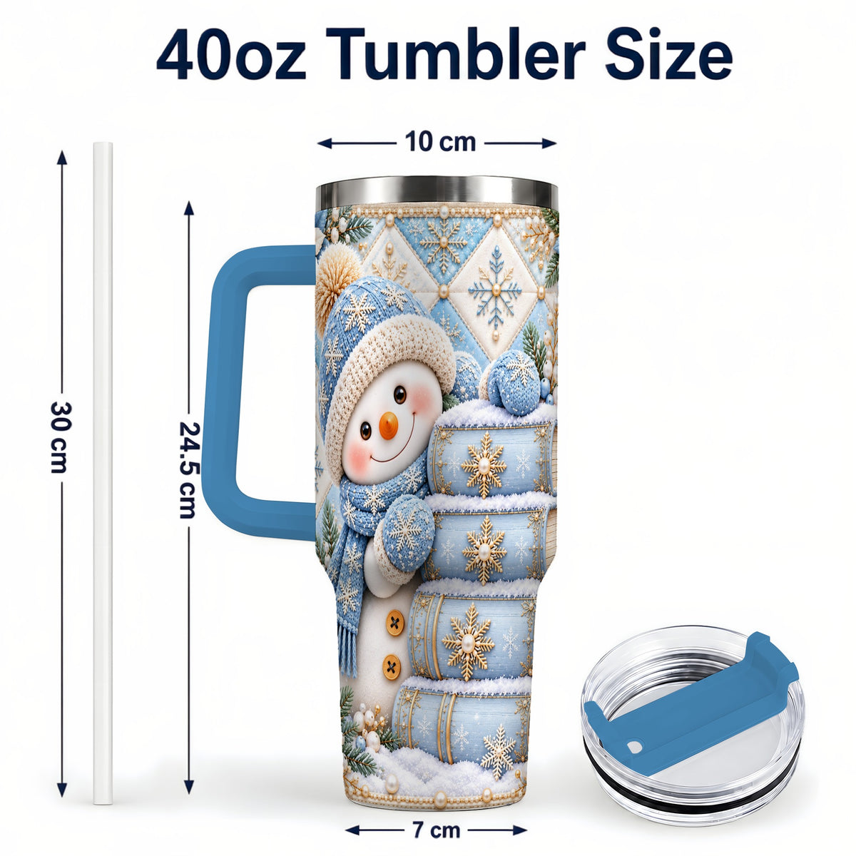 #pl[40oz|Blue] Snowman Books 40oz Tumbler with Handle, Winter Reading Travel Cup