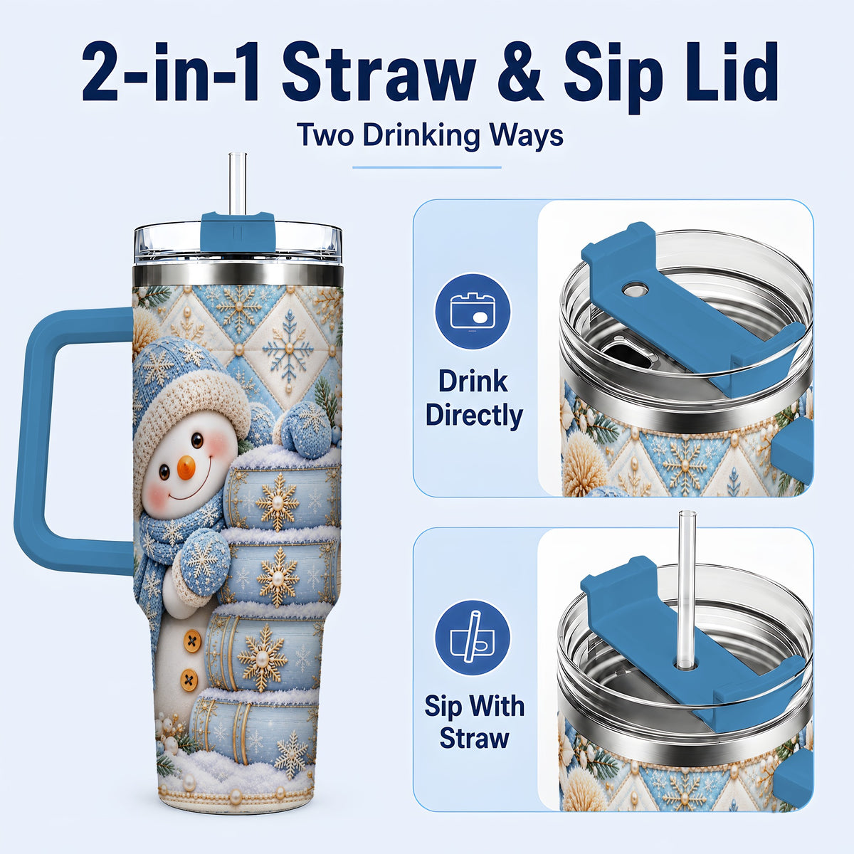 #pl[40oz|Blue] Snowman Books 40oz Tumbler with Handle, Winter Reading Travel Cup