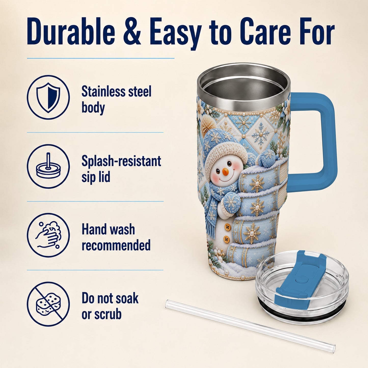 #pl[40oz|Blue] Snowman Books 40oz Tumbler with Handle, Winter Reading Travel Cup