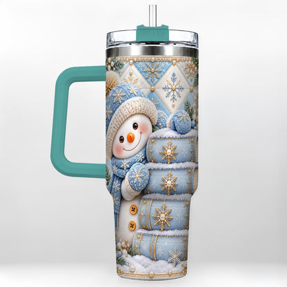 #pl[40oz|Green] Snowman Books 40oz Tumbler with Handle, Winter Reading Travel Cup