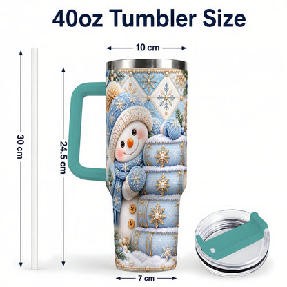#pl[40oz|Green] Snowman Books 40oz Tumbler with Handle, Winter Reading Travel Cup