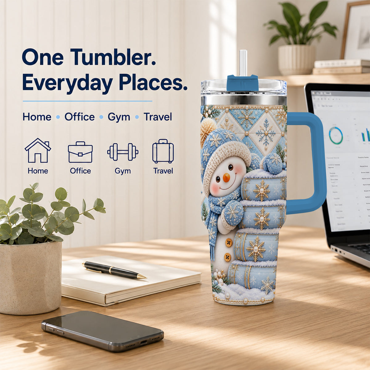 #pl[40oz|Blue] Snowman Books 40oz Tumbler with Handle, Winter Reading Travel Cup