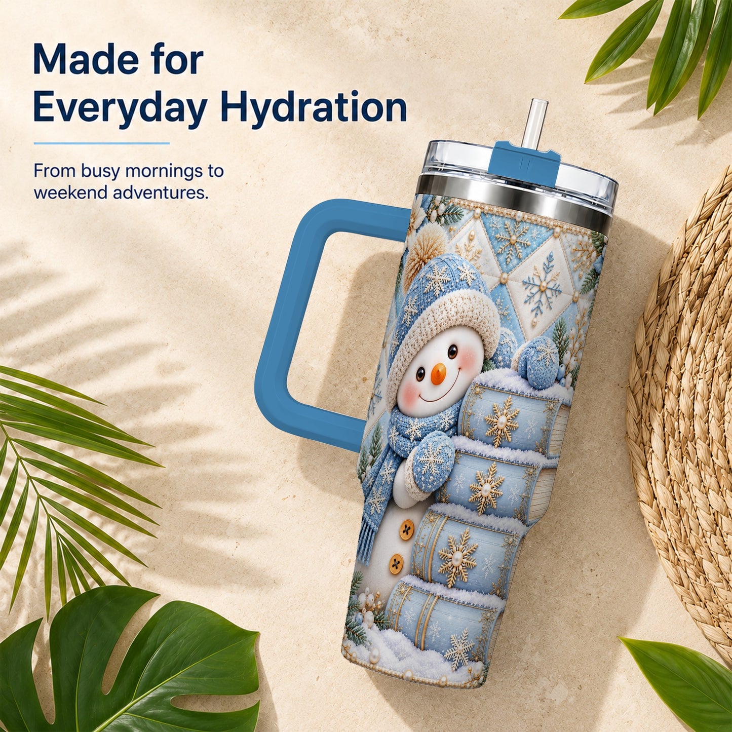 #pl[40oz|Blue] Snowman Books 40oz Tumbler with Handle, Winter Reading Travel Cup
