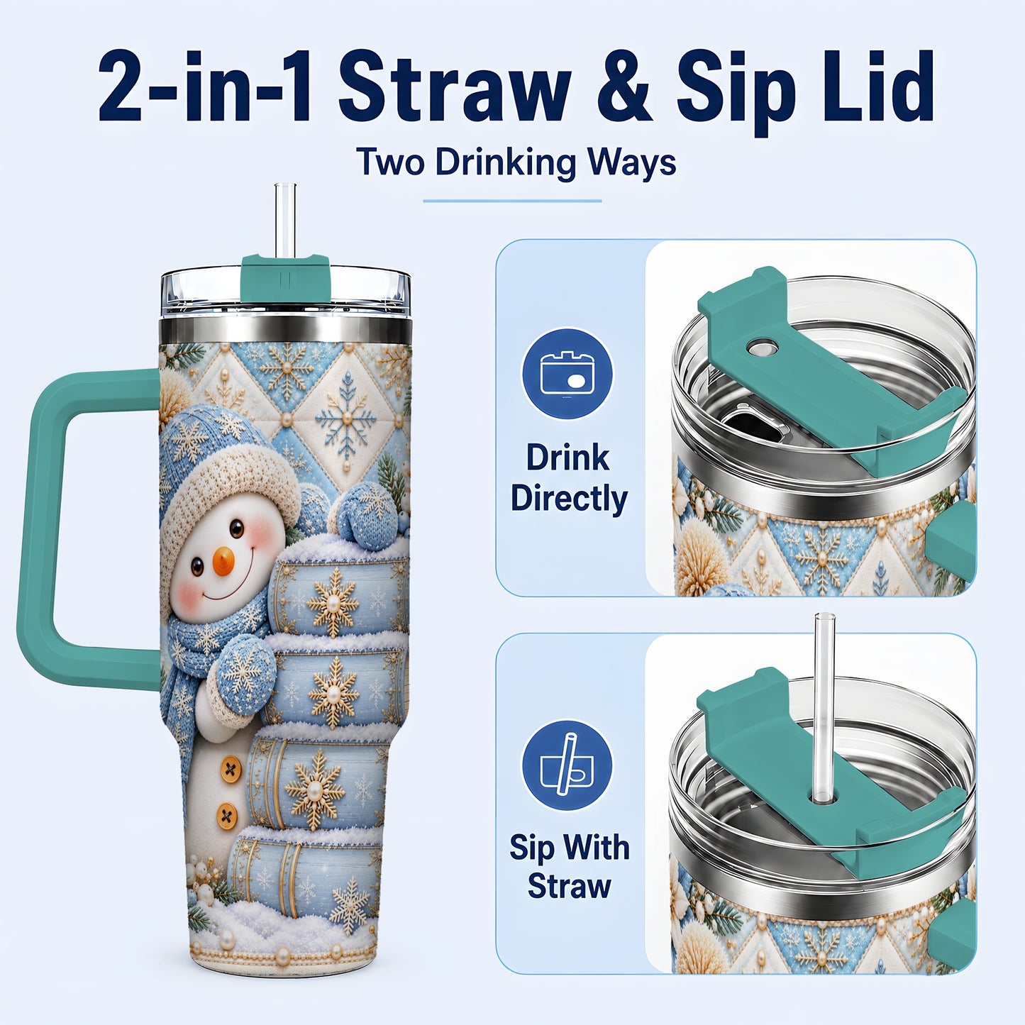 #pl[40oz|Green] Snowman Books 40oz Tumbler with Handle, Winter Reading Travel Cup