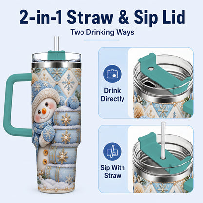 #pl[40oz|Green] Snowman Books 40oz Tumbler with Handle, Winter Reading Travel Cup