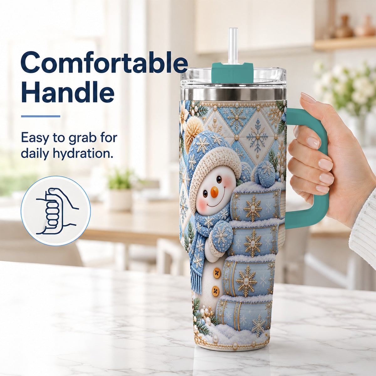 #pl[40oz|Green] Snowman Books 40oz Tumbler with Handle, Winter Reading Travel Cup