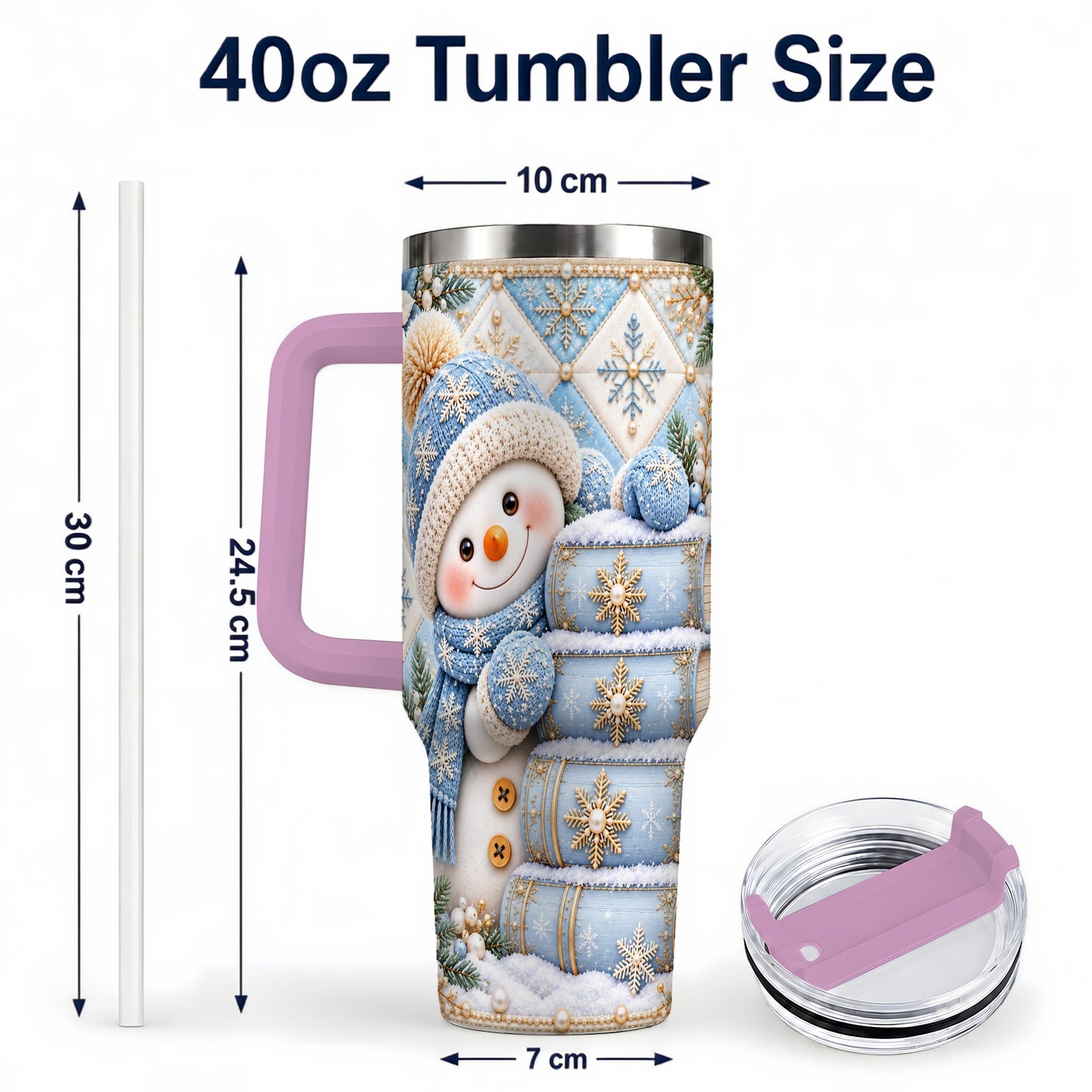 #pl[40oz|Pink] Snowman Books 40oz Tumbler with Handle, Winter Reading Travel Cup