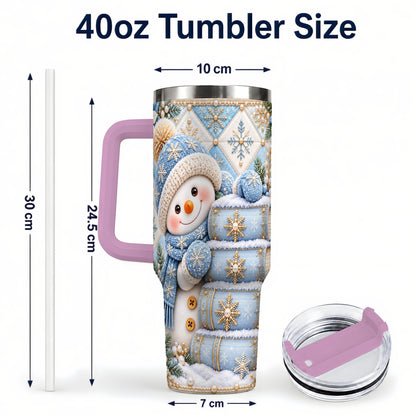 #pl[40oz|Pink] Snowman Books 40oz Tumbler with Handle, Winter Reading Travel Cup