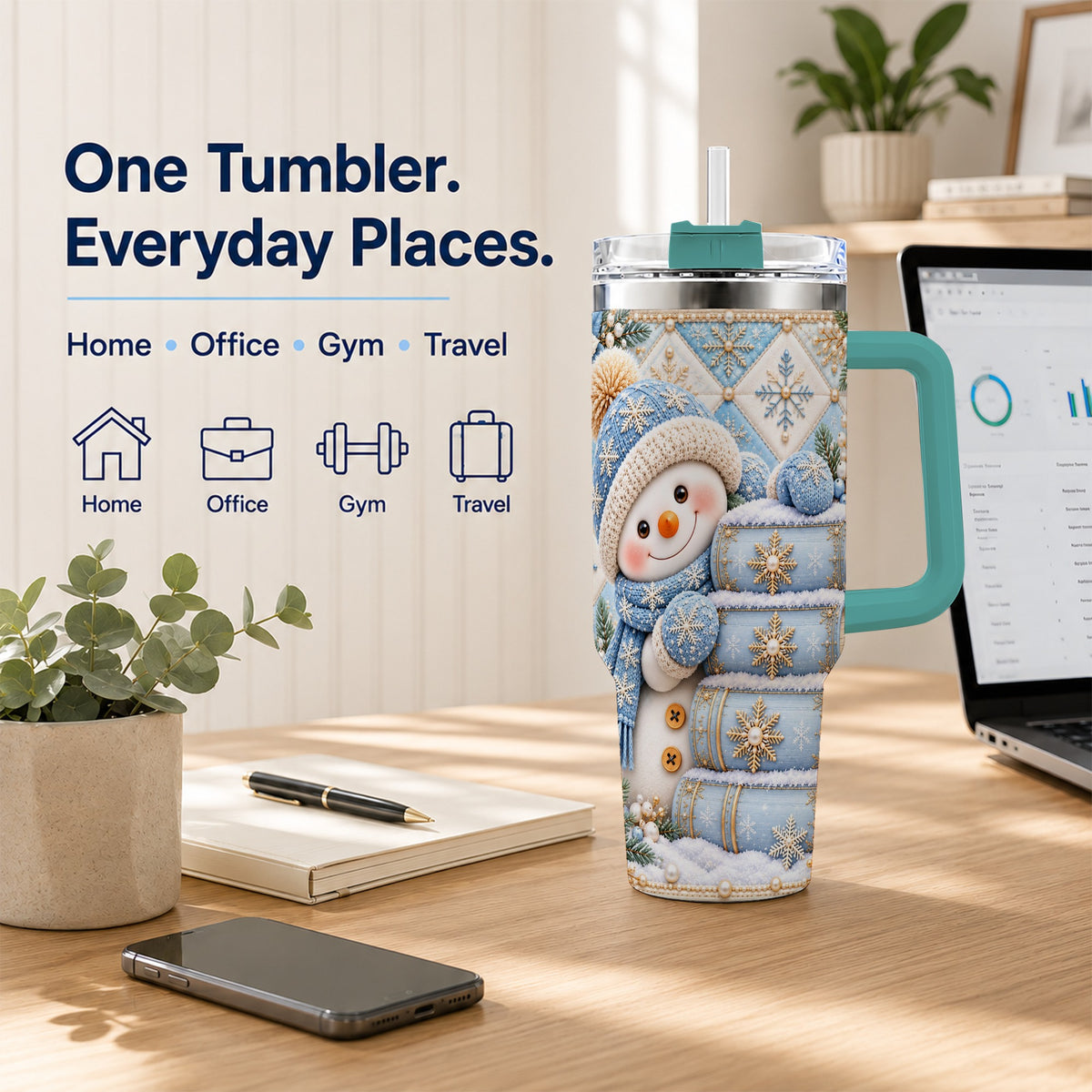 #pl[40oz|Green] Snowman Books 40oz Tumbler with Handle, Winter Reading Travel Cup