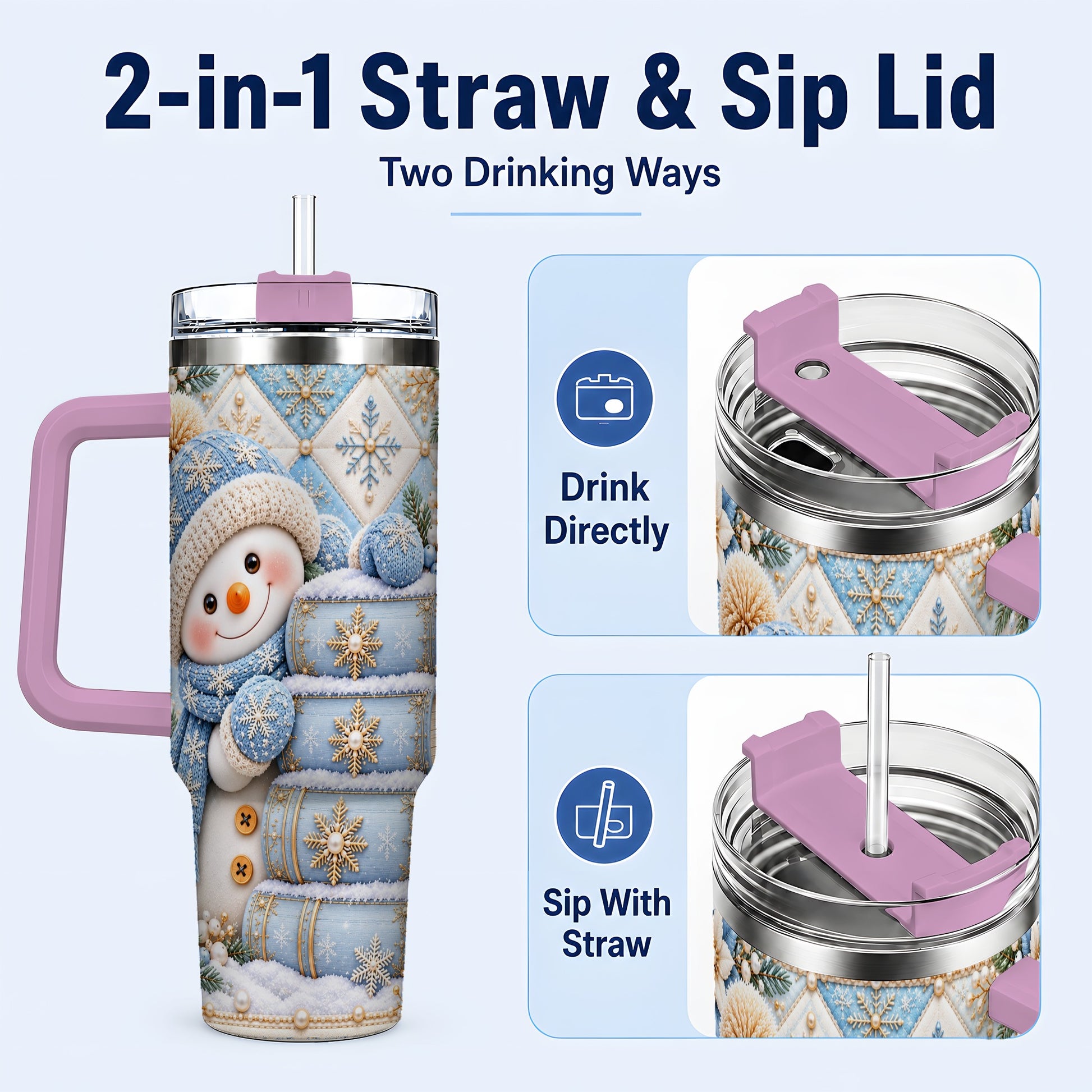 #pl[40oz|Pink] Snowman Books 40oz Tumbler with Handle, Winter Reading Travel Cup
