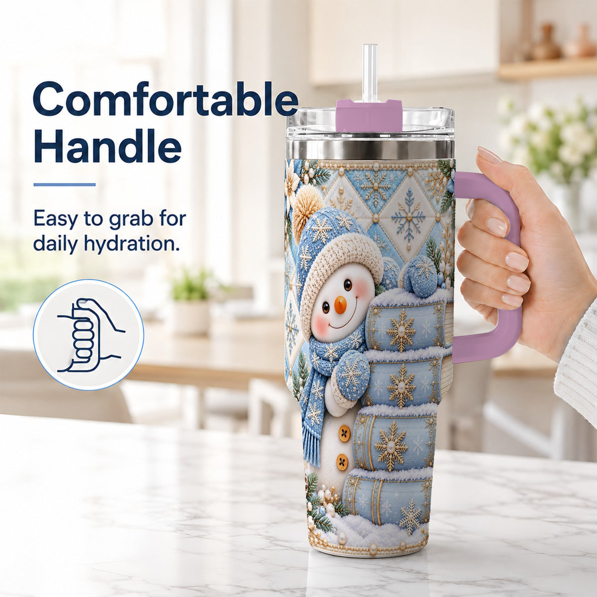 #pl[40oz|Pink] Snowman Books 40oz Tumbler with Handle, Winter Reading Travel Cup