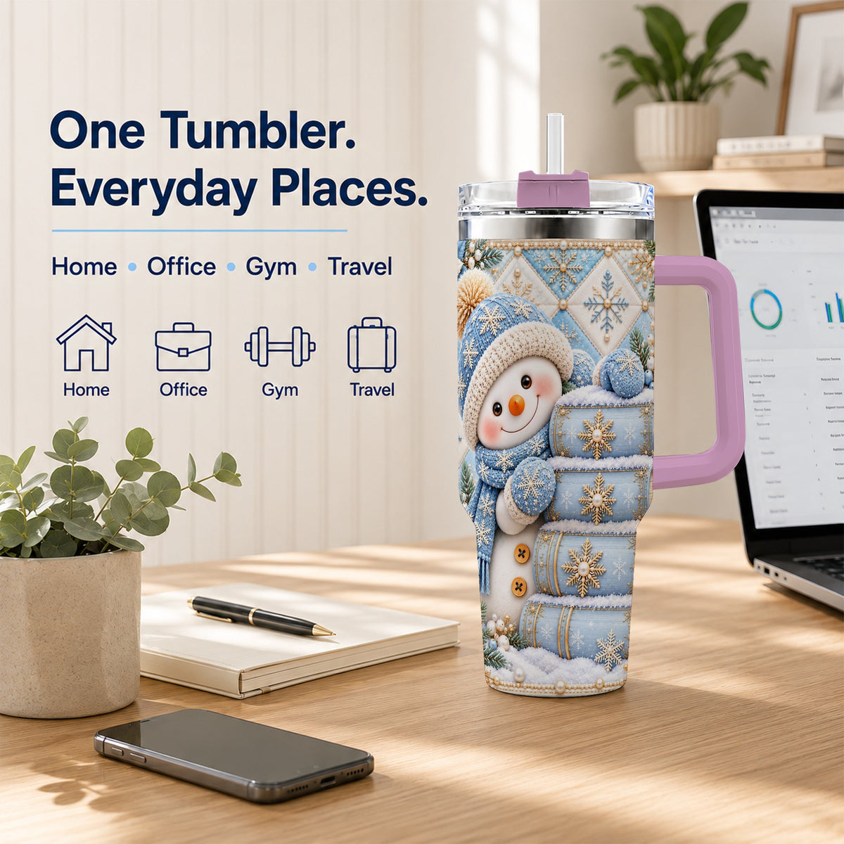 #pl[40oz|Pink] Snowman Books 40oz Tumbler with Handle, Winter Reading Travel Cup