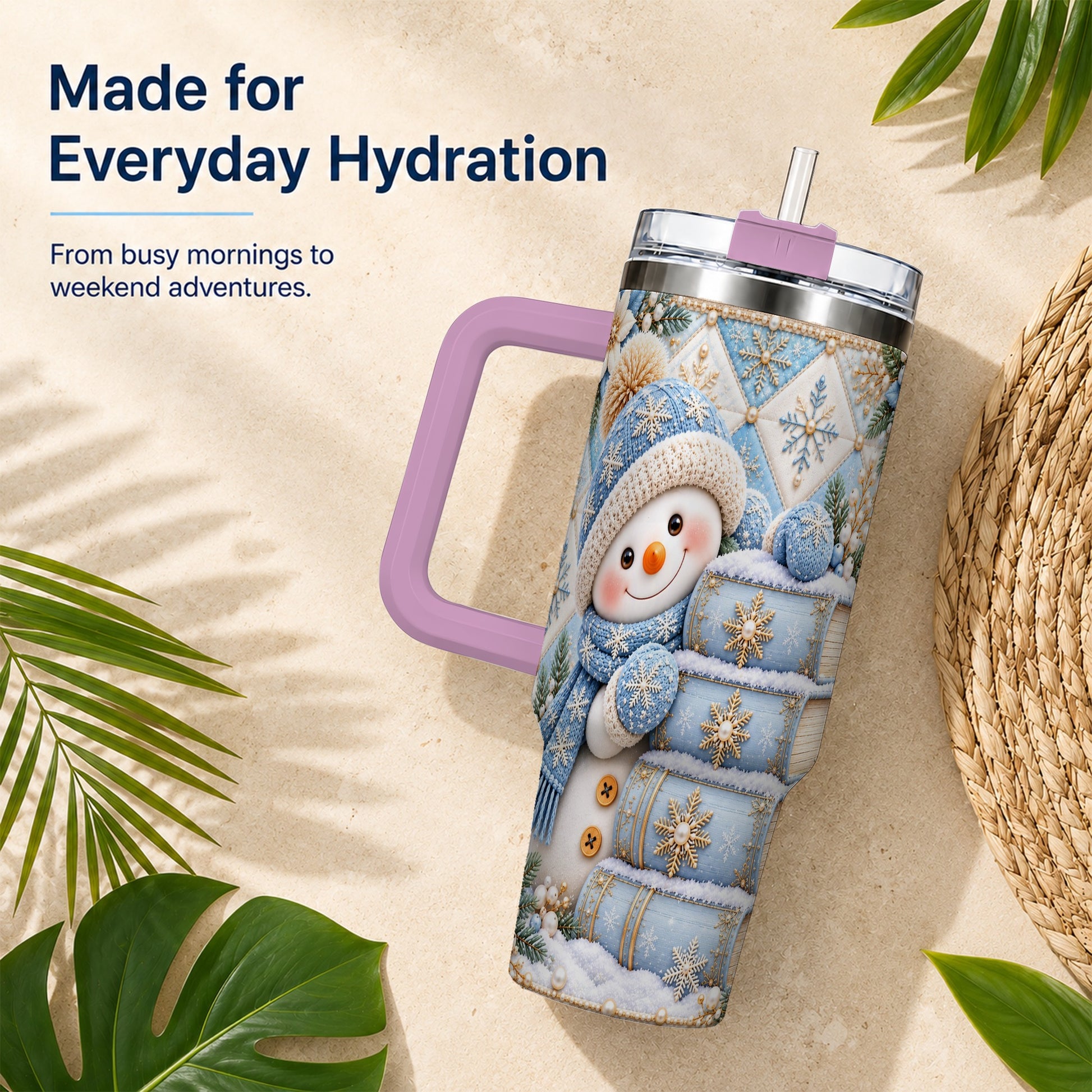 #pl[40oz|Pink] Snowman Books 40oz Tumbler with Handle, Winter Reading Travel Cup